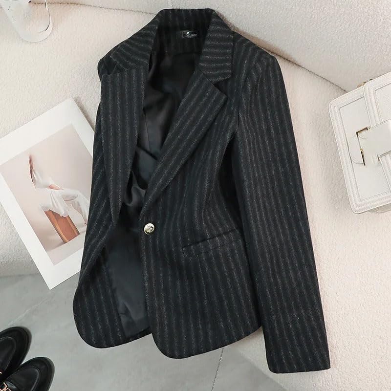 Women's Stripe Woolen Formal Blazer Suit Notched Collar Business Jacket Ladies Office Blazers