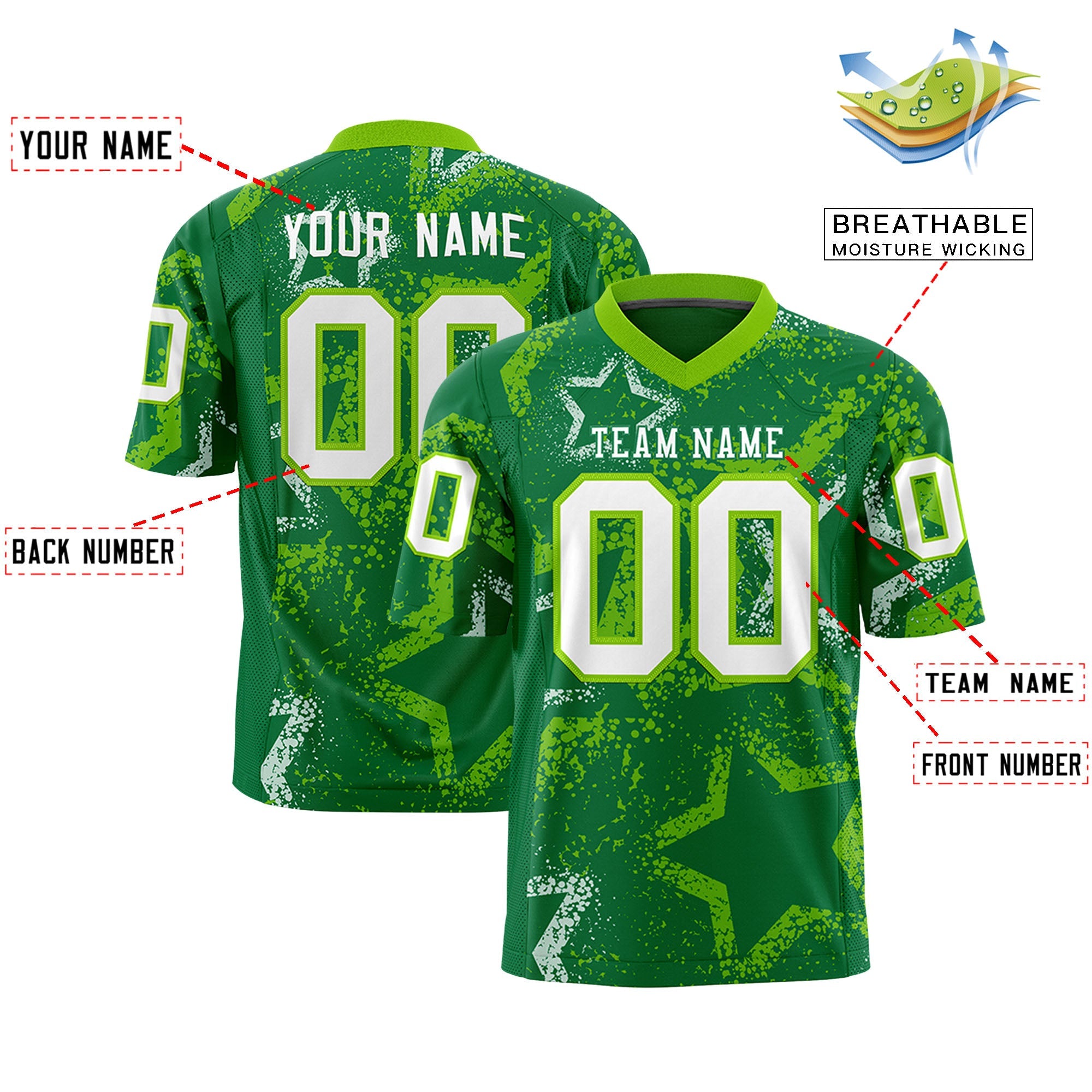 Benutzerdefiniertes neongrün-weißes personalisiertes Stern-Graffiti-Muster, authentisches Fußballtrikot
