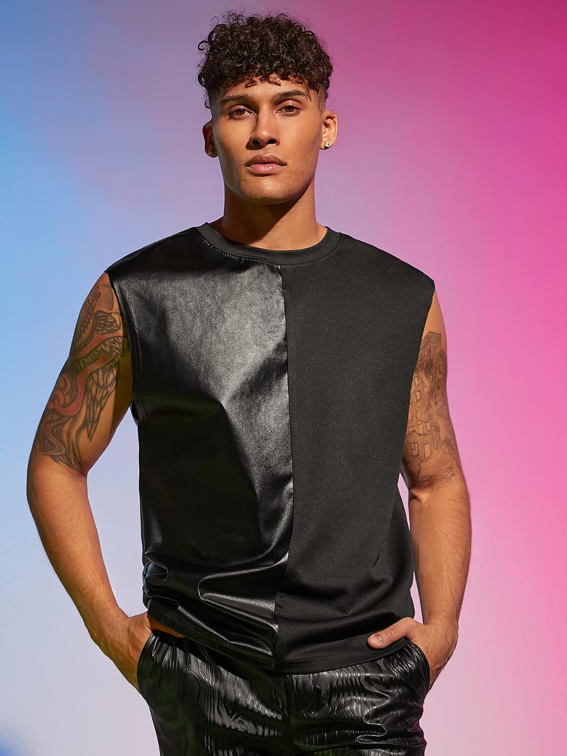 Men's Faux Leather Panel Tank Top Color Block Black