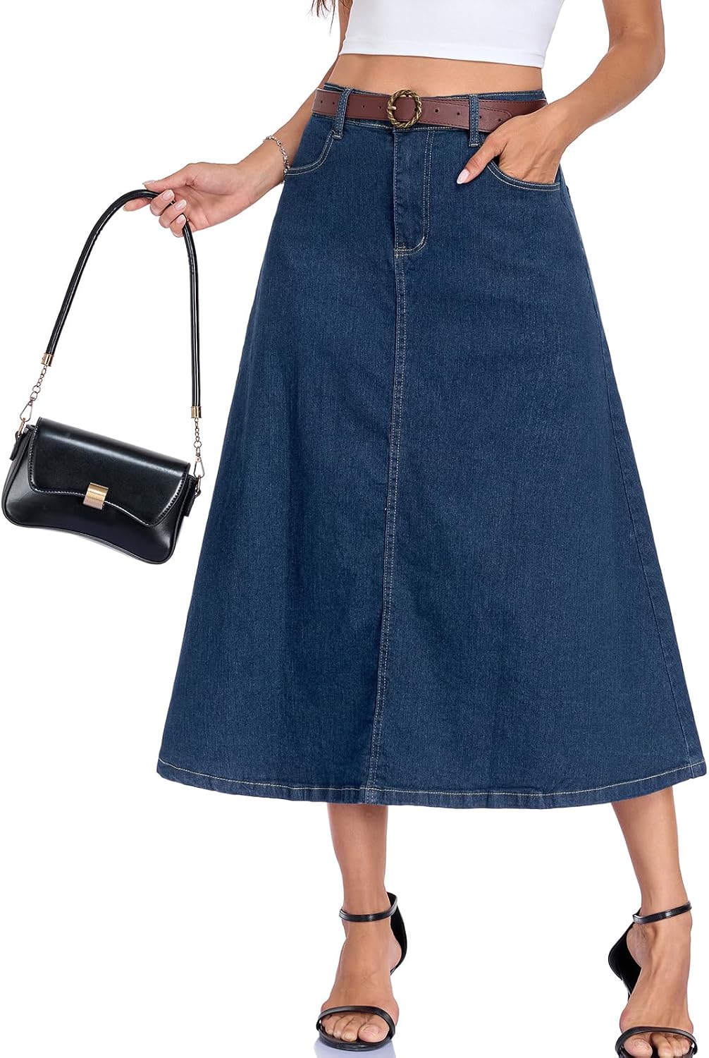 Denim Skirt for Women Strechy High Wasited A Line Casual Midi Jean Skirts with Pockets