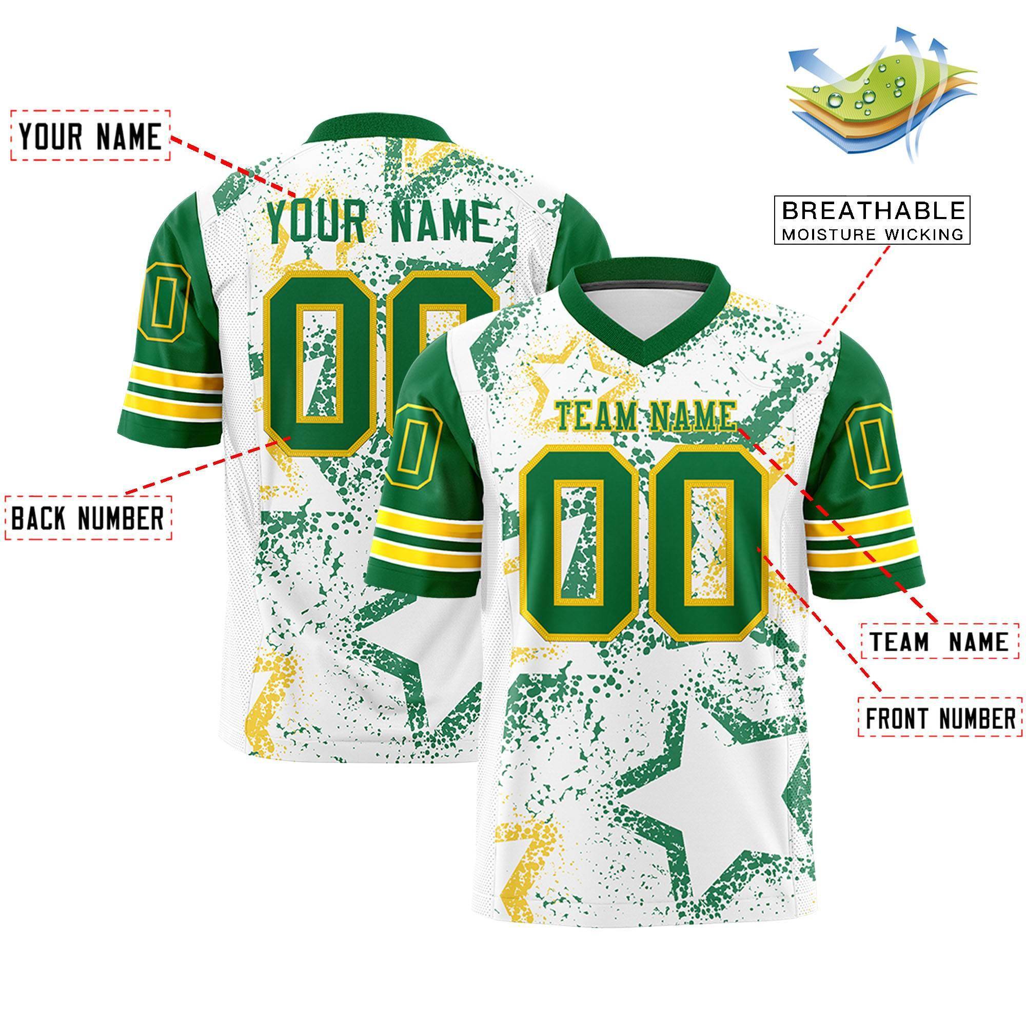 Benutzerdefiniertes weißes Kelly-Grün-Gold, personalisiertes Sternmuster-Design, authentisches Fußballtrikot
