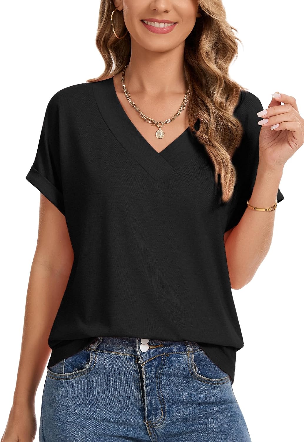 Women's Rolled Short Sleeve V Neck T-Shirt Black