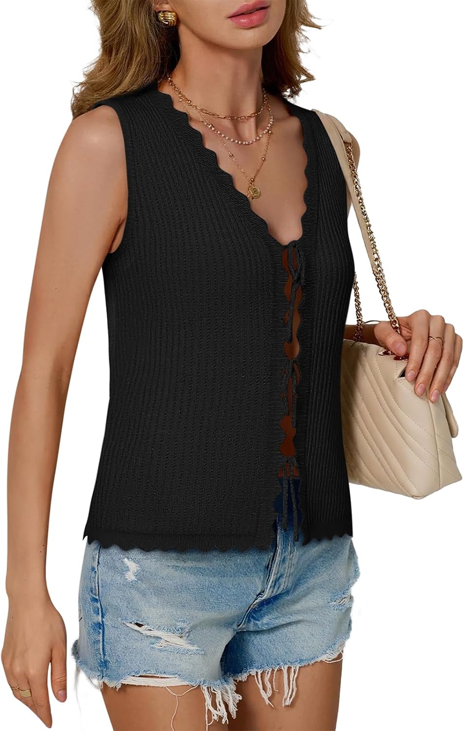 Women's Scalloped Tie Front Sweater Vest