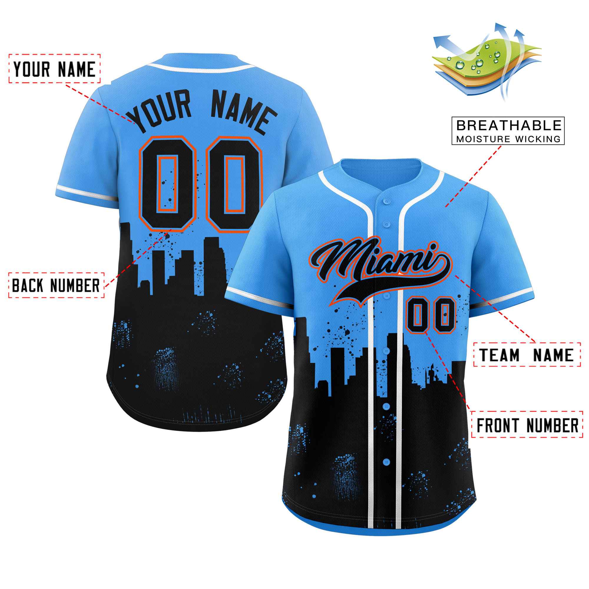 Benutzerdefiniertes, personalisiertes, authentisches Baseball-Trikot in Miami City Nightscape in Puderblau und Schwarz Benutzerdefiniertes, personalisiertes, authentisches Baseball-Trikot in Miami City Nightscape in Puderblau und Schwarz