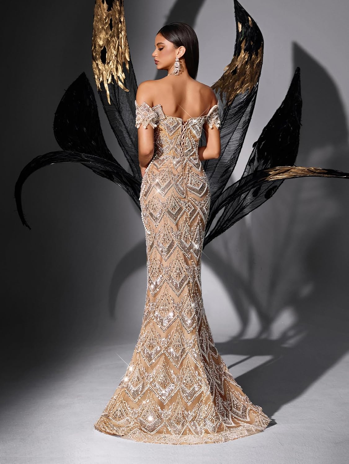 Women Off Shoulder Sequin Mermaid Evening Dress Lace Up Back Formal Gown Beaded Bodycon Prom Party Wedding Guest Women Off Shoulder Sequin Mermaid Evening Dress Lace Up Back Formal Gown Beaded Bodycon Prom Party Wedding Guest