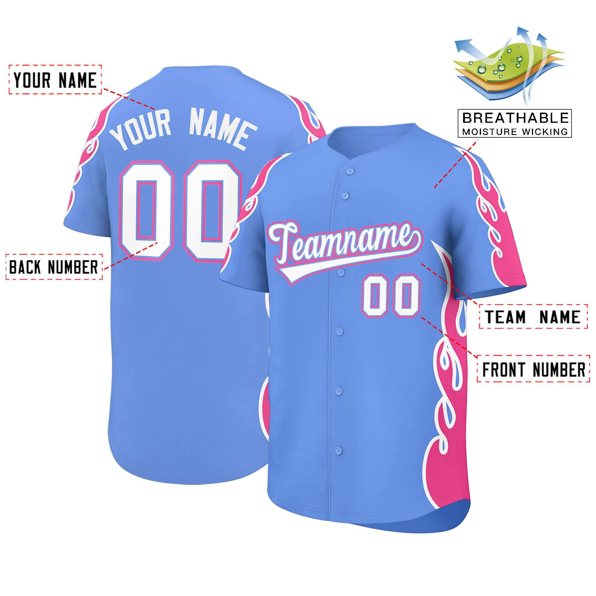 Benutzerdefiniertes Baseball-Trikot mit Seitenflammen-Umrissmuster für Sportuniformen