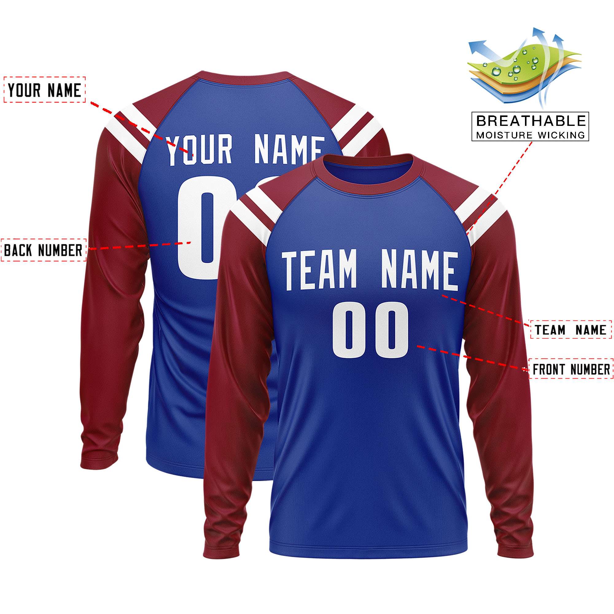 Personalisiertes Raglan-Langarm-Performance-T-Shirt mit individuellem Rundhalsausschnitt