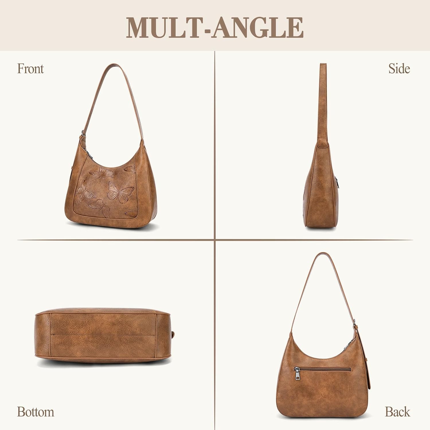 Women's Butterfly Embossed Hobo Shoulder Bag Brown