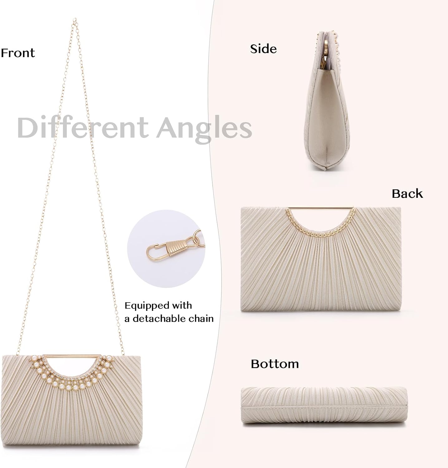 Women's Pleated Satin Clutch with Pearl Handle and Chain