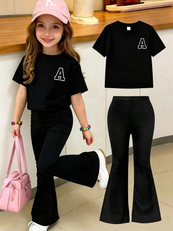 Tween Girl Set aus bedrucktem Kurzarm-T-Shirt und Schlaghose mit Buchstabe A, weich und maschinenwaschbar, Frühling und Sommer