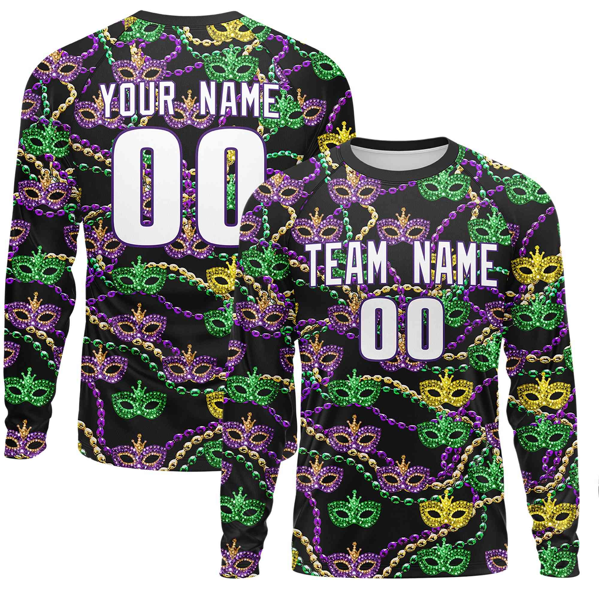 Benutzerdefiniertes, personalisiertes Mardi Gras Langarm-Performance-T-Shirt mit Rundhalsausschnitt