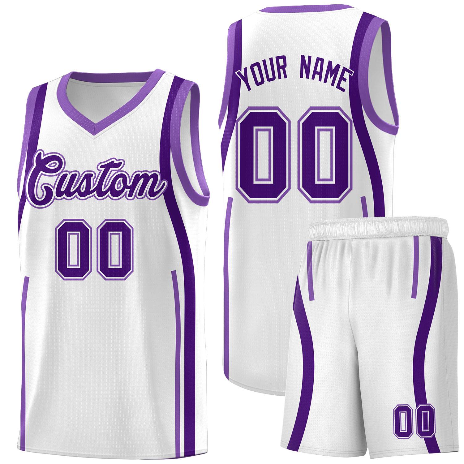 Kundenspezifische weiße, lila-helllila Bandmuster-Basketball-Kits
