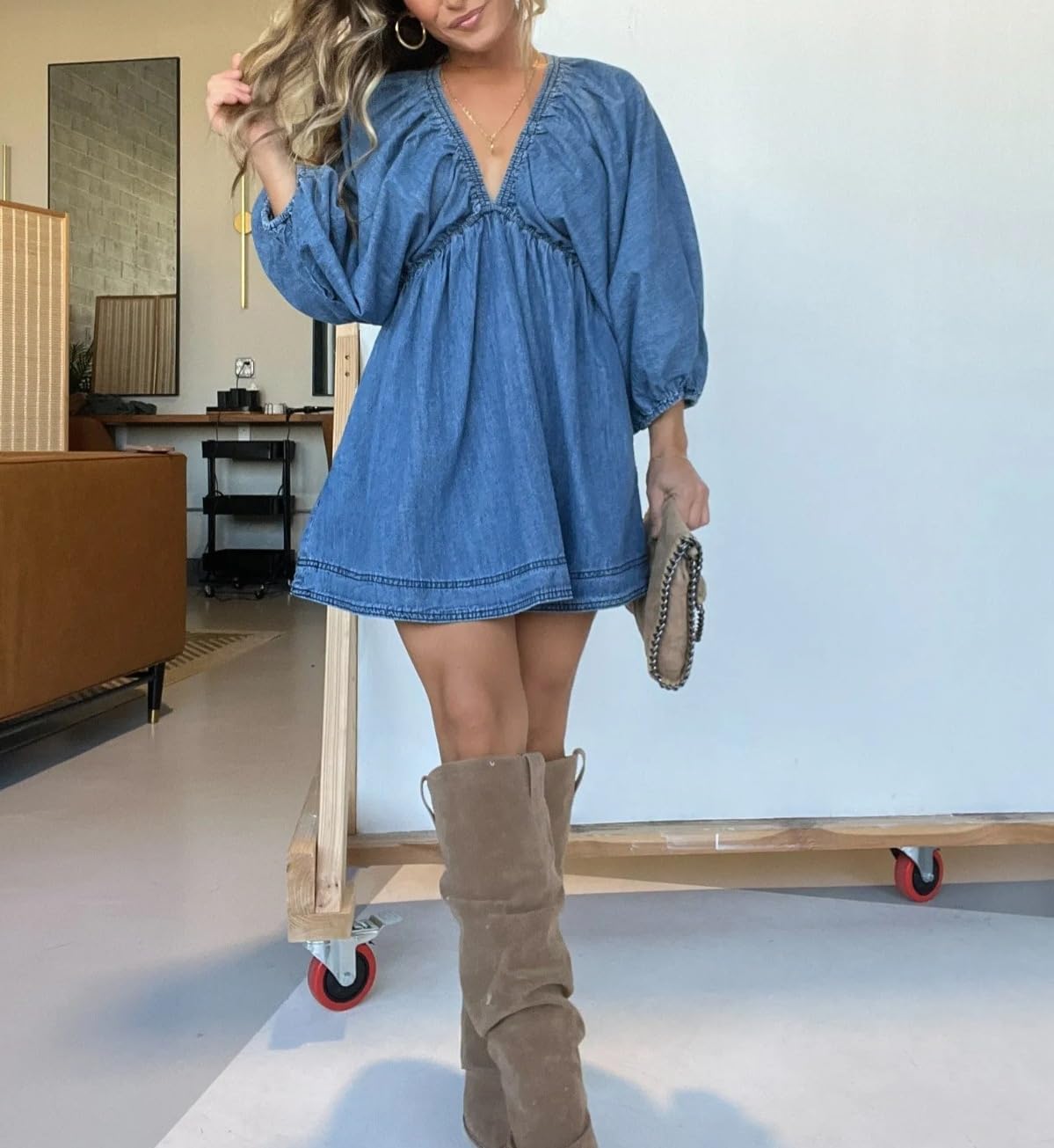 Denim Dress for Women Puff 3 4 Sleeves V Neck Swing A Line Cute Babydoll Mini Jean Dresses
