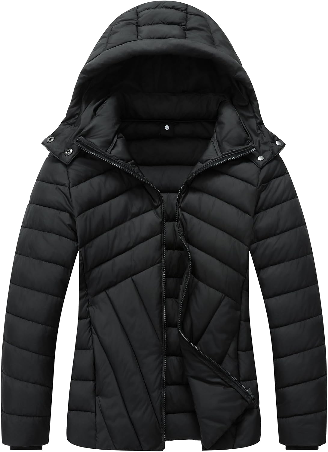 Women's Short Quilted Down Coat Detachable Hood Black