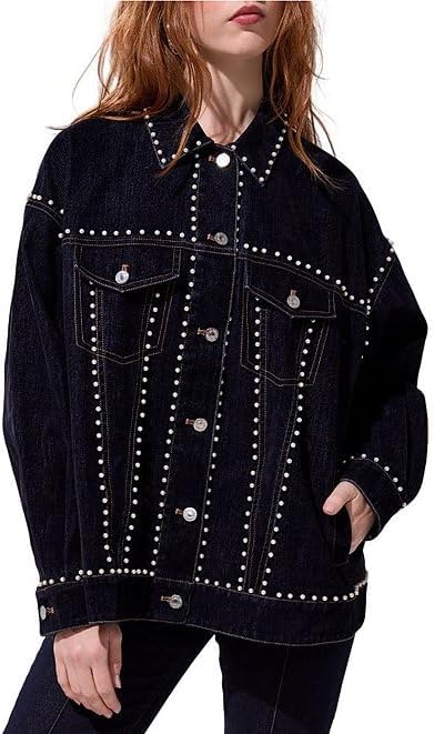 Women's Pearl Studded Oversized Denim Jacket Black