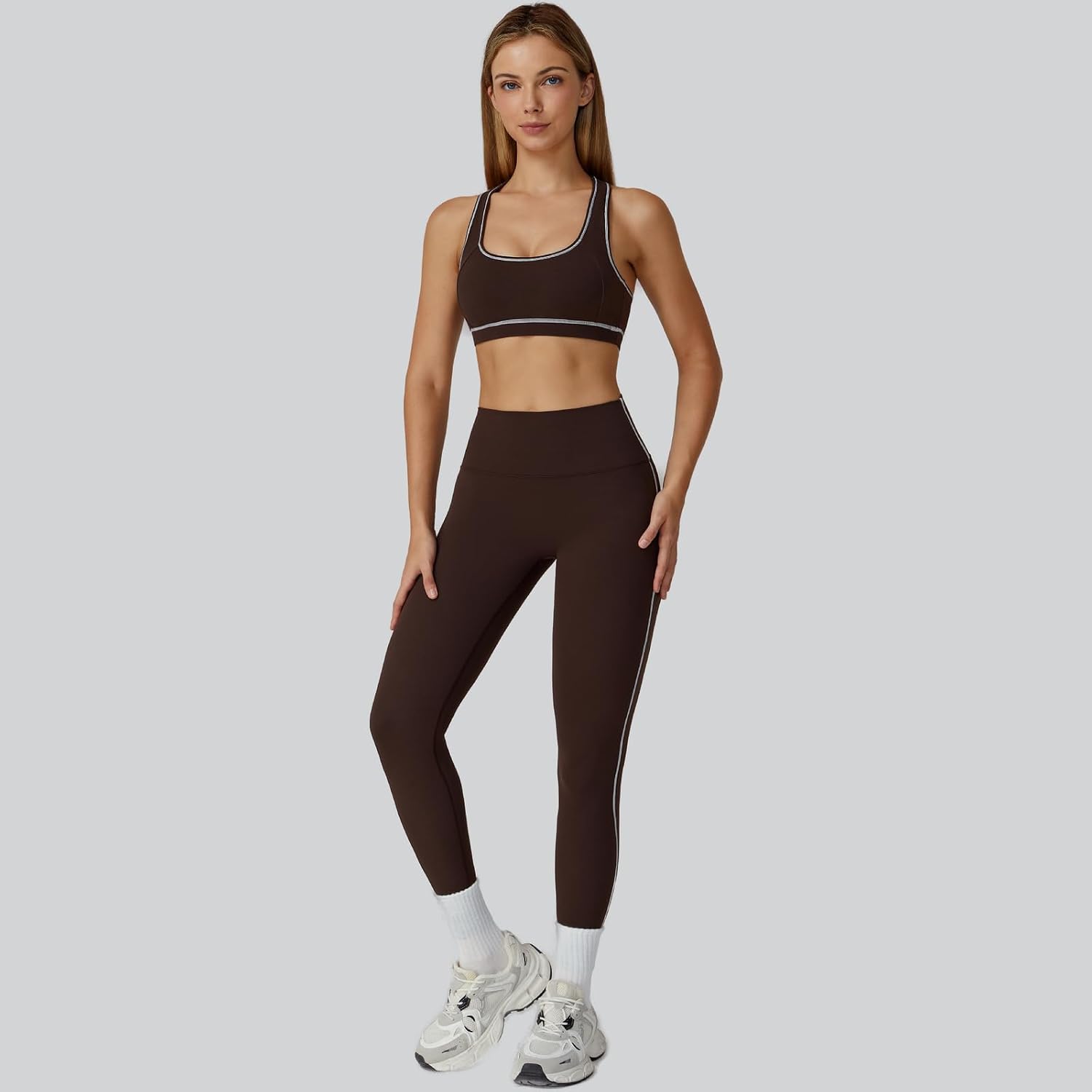 Women's 3 Piece Zip Jacket Bra Leggings Set Coffee