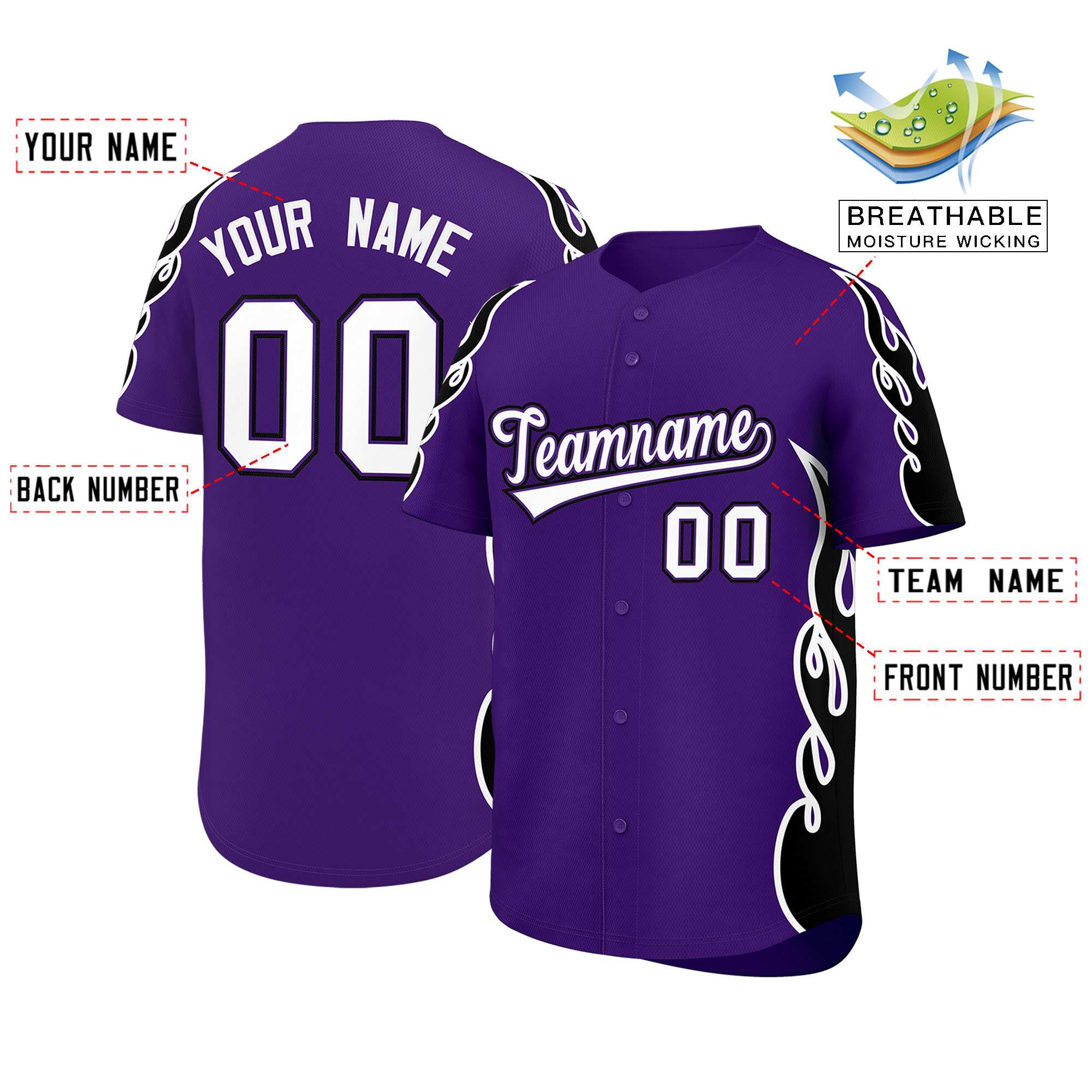 Benutzerdefiniertes Baseball-Trikot mit Seitenflammen-Umrissmuster für Sportuniformen