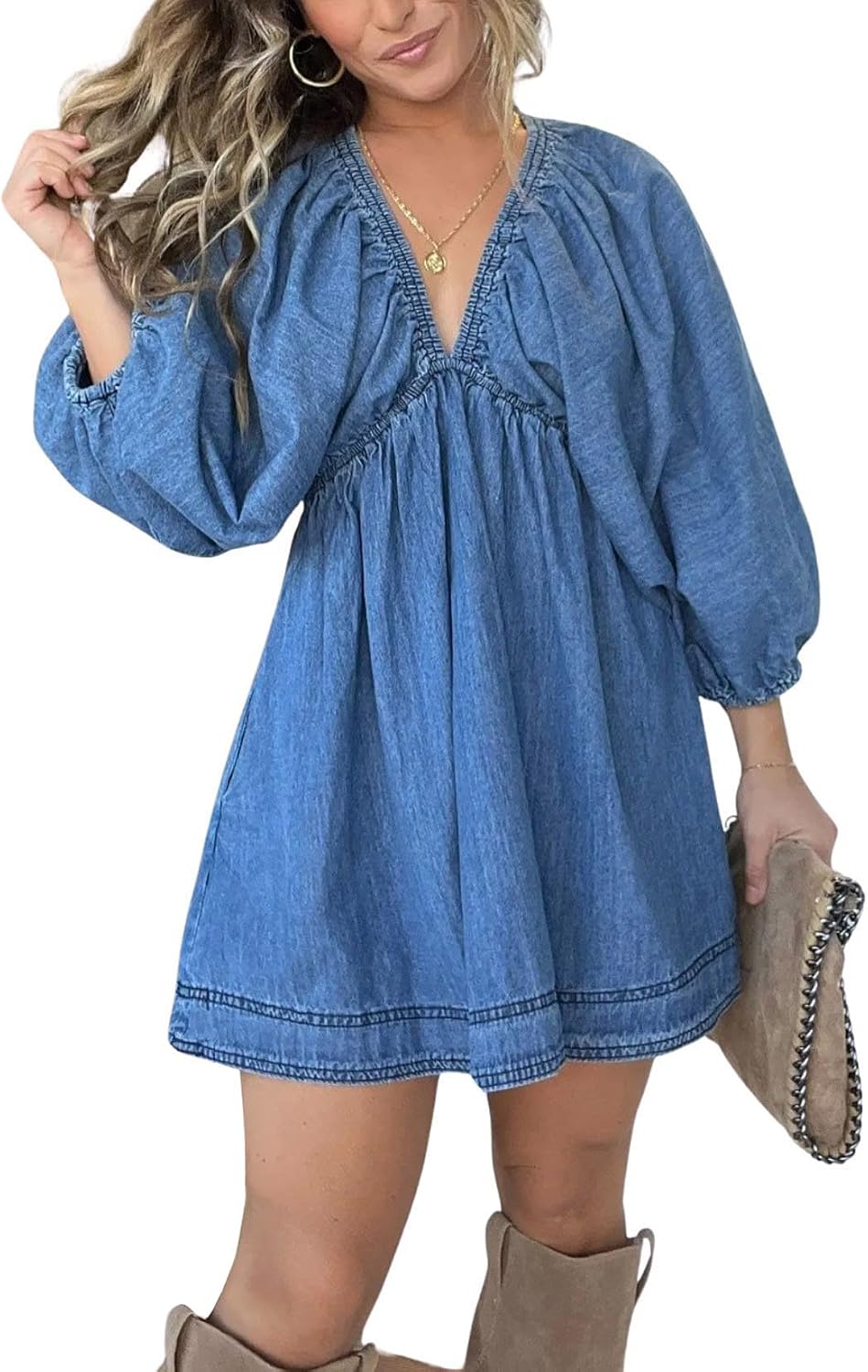 Denim Dress for Women Puff 3 4 Sleeves V Neck Swing A Line Cute Babydoll Mini Jean Dresses