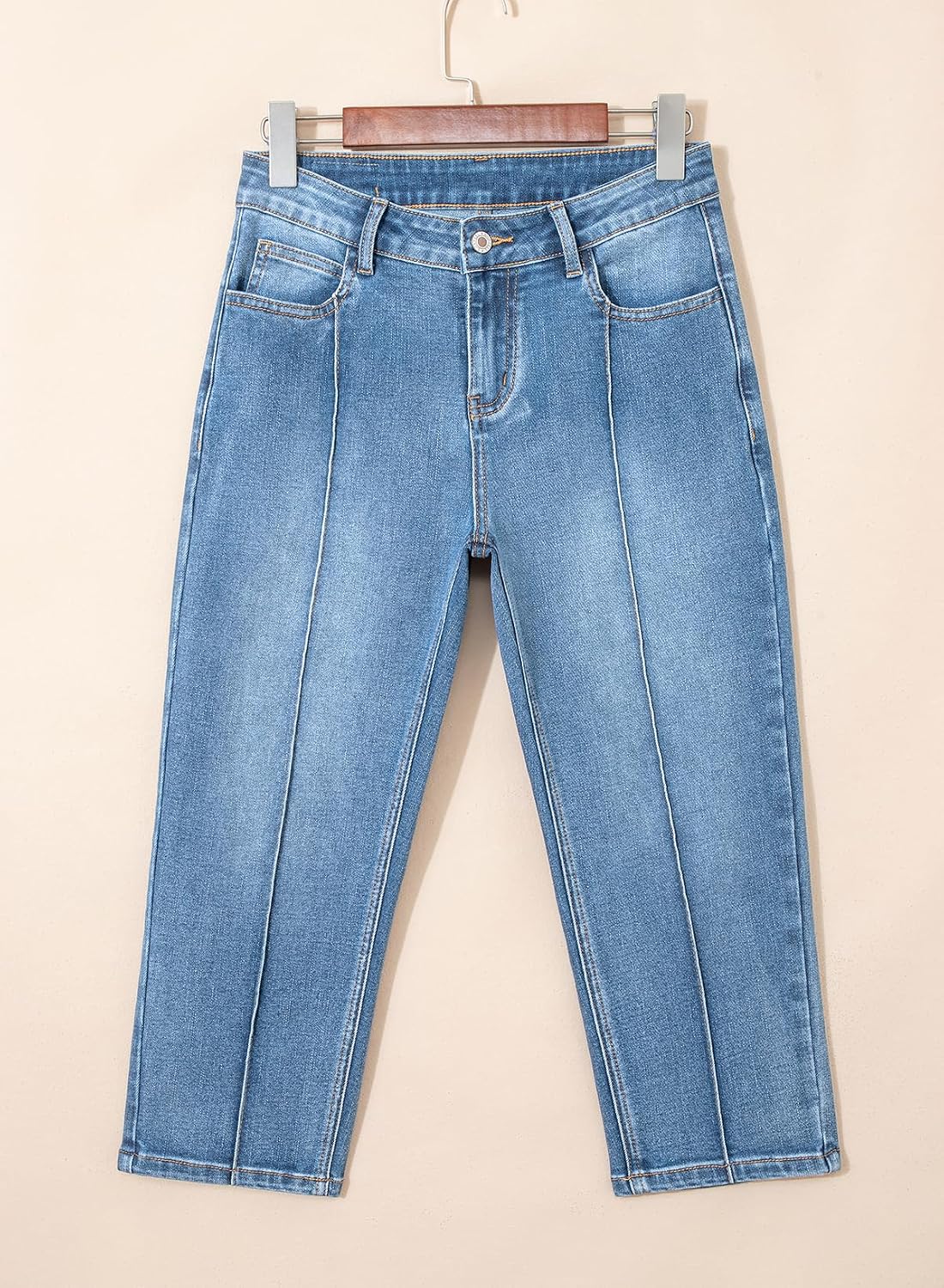 Women's Capri Jeans Mid Rise Skinny Stretchy Front Seam Leggings Denim Pants