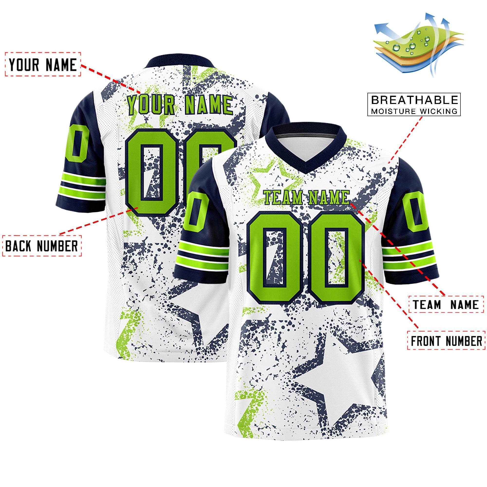Benutzerdefiniertes, personalisiertes Sternmuster-Design in Weiß, Marineblau und Neongrün, authentisches Fußballtrikot