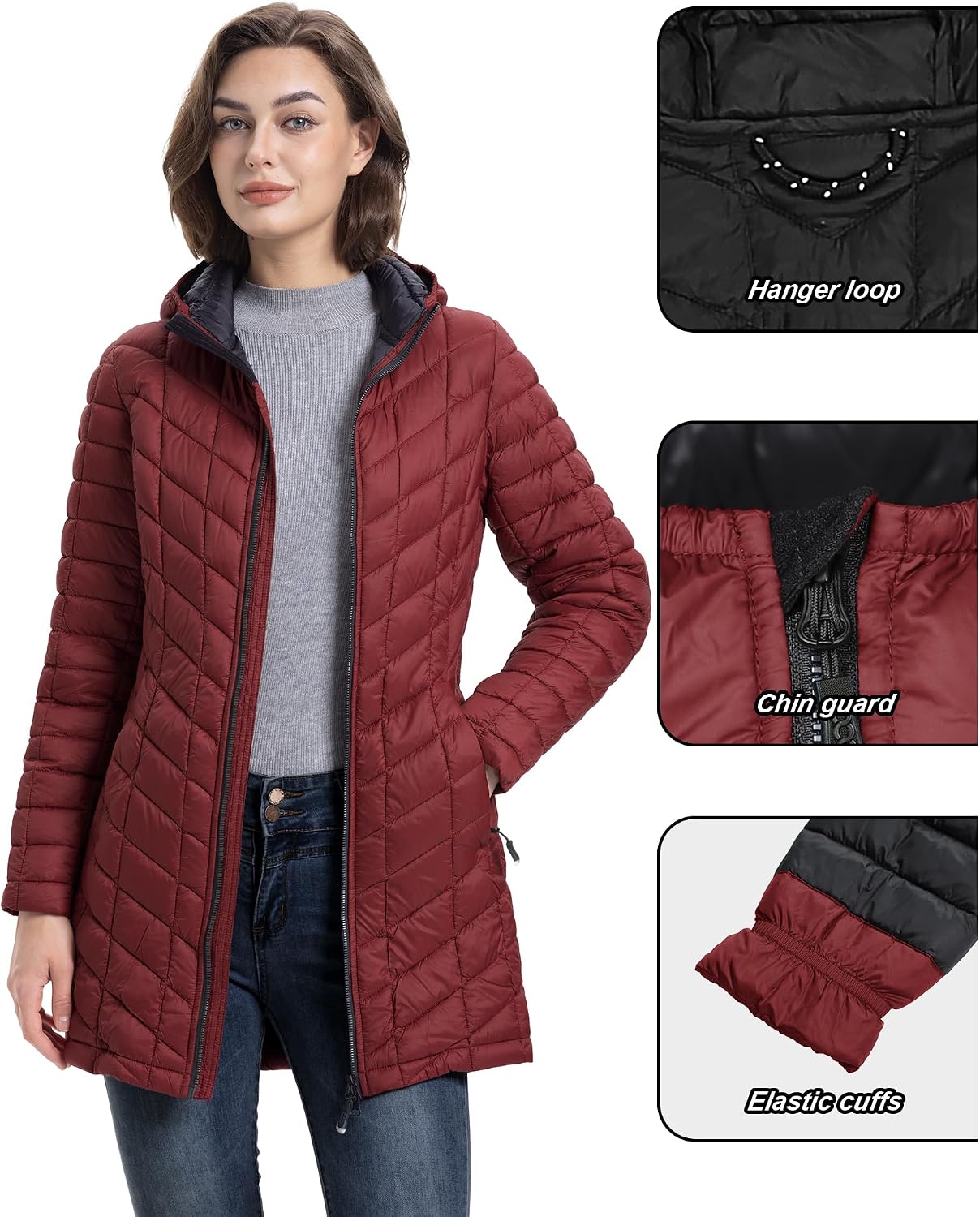 Women's Lightweight Hooded Diamond Quilted Puffer Coat Burgundy Women's Lightweight Hooded Diamond Quilted Puffer Coat Burgundy