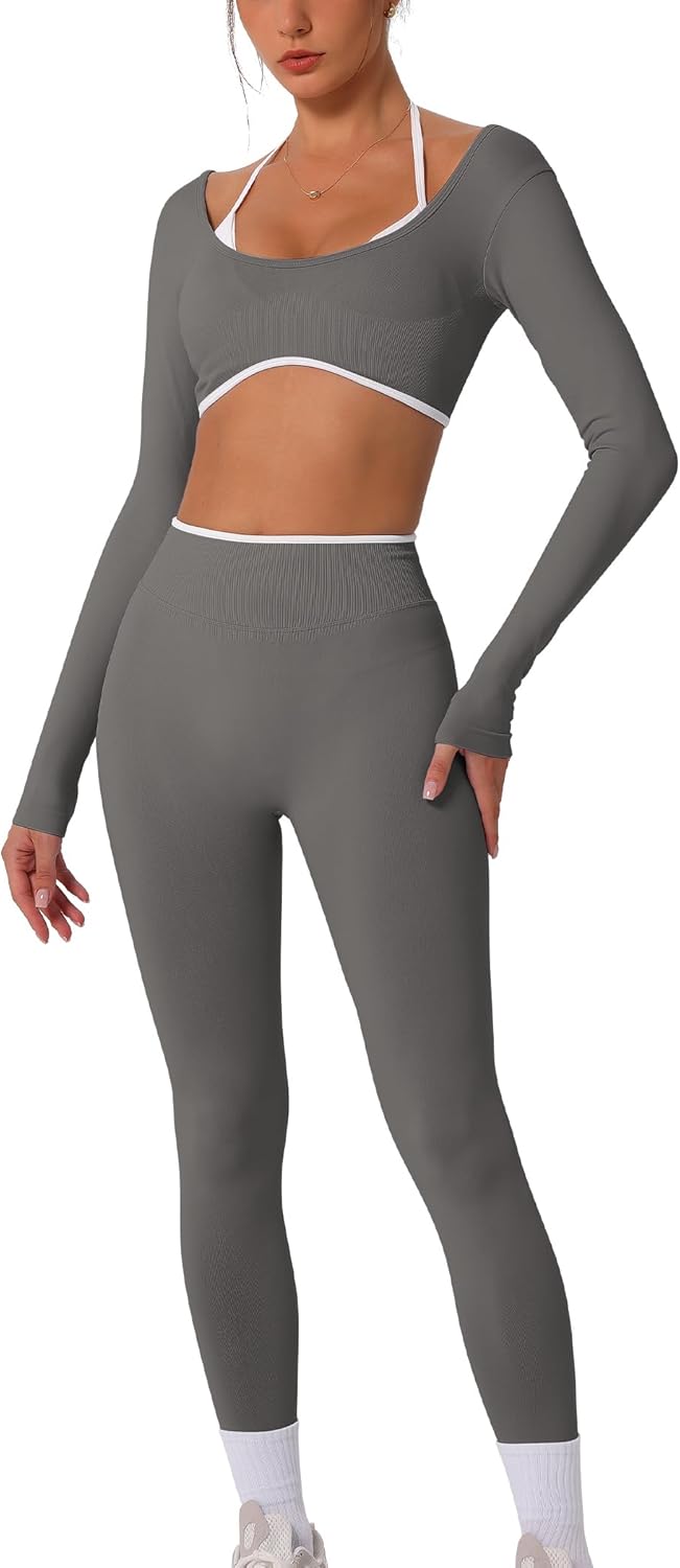 2 Piece Workout Sets for Women Contrast Panel Long Sleeve Halter Crop Top and High Waist Leggings Jogger Outfits