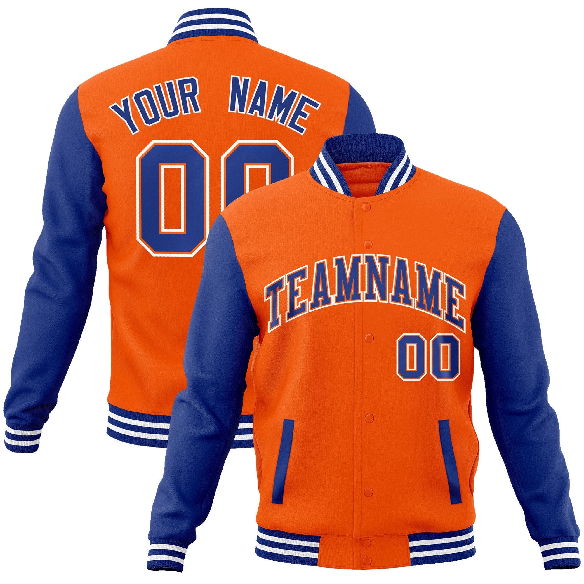 Benutzerdefinierte Varsity-Letterman-Jacke mit durchgehenden Druckknöpfen und Raglanärmeln Benutzerdefinierte Varsity-Letterman-Jacke mit durchgehenden Druckknöpfen und Raglanärmeln