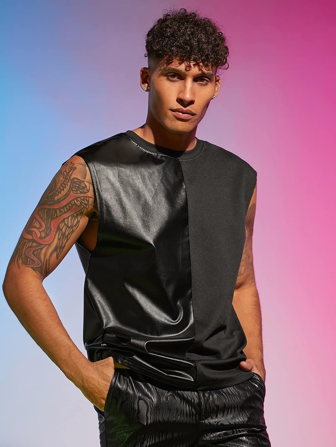 Men's Faux Leather Panel Tank Top Color Block Black