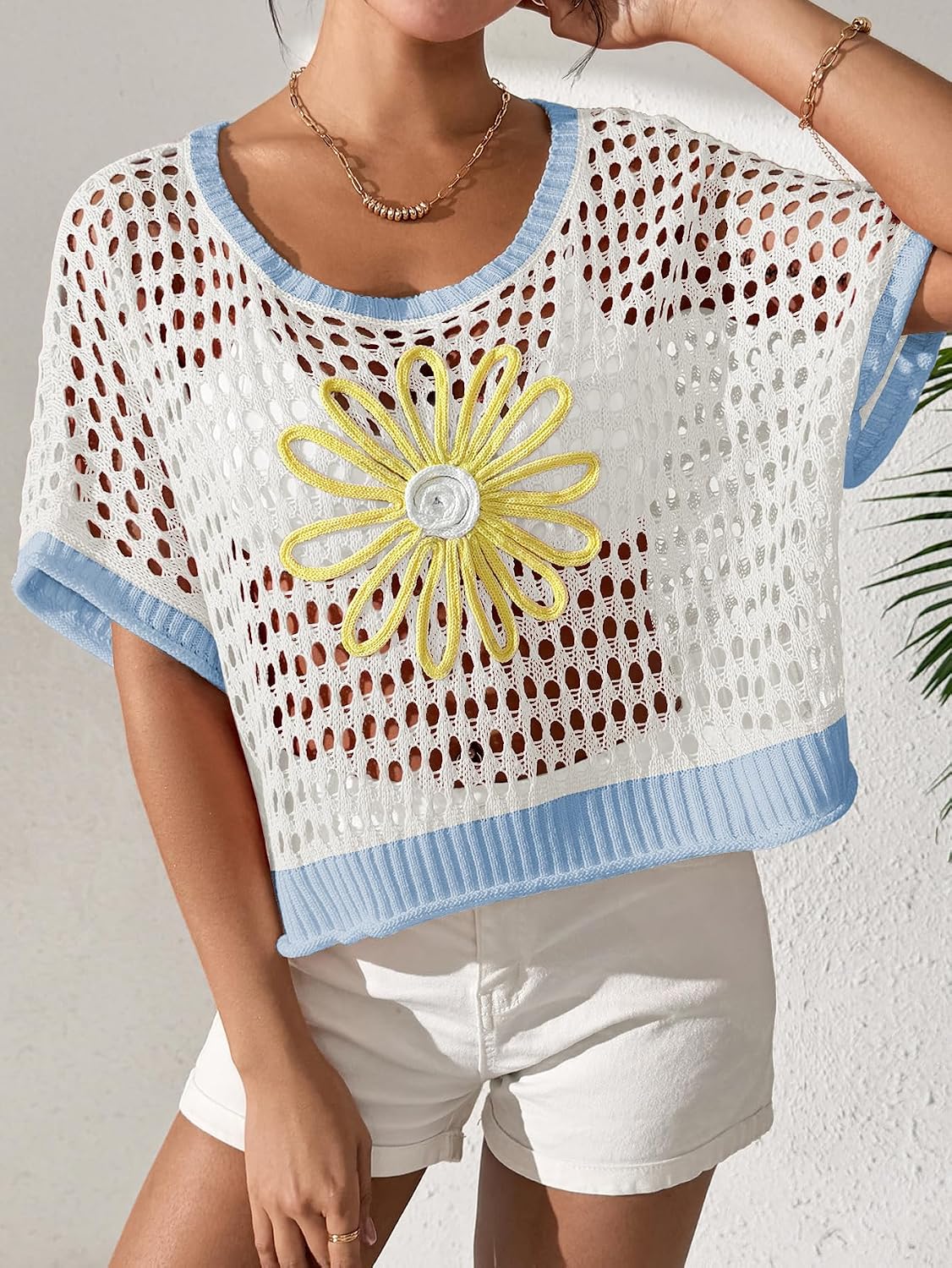 Women's Daisy Applique Open Knit Pullover