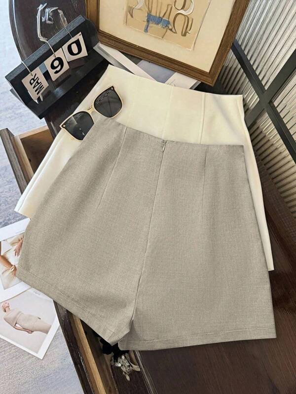 Modische und schlichte dunkelgraue Damenshorts mit hohem Bund und Reißverschluss hinten, geeignet für den täglichen Pendelverkehr, Verabredungen und romantische Anlässe Modische und schlichte dunkelgraue Damenshorts mit hohem Bund und Reißverschluss hinten, geeignet für den täglichen Pendelverkehr, Verabredungen und romantische Anlässe