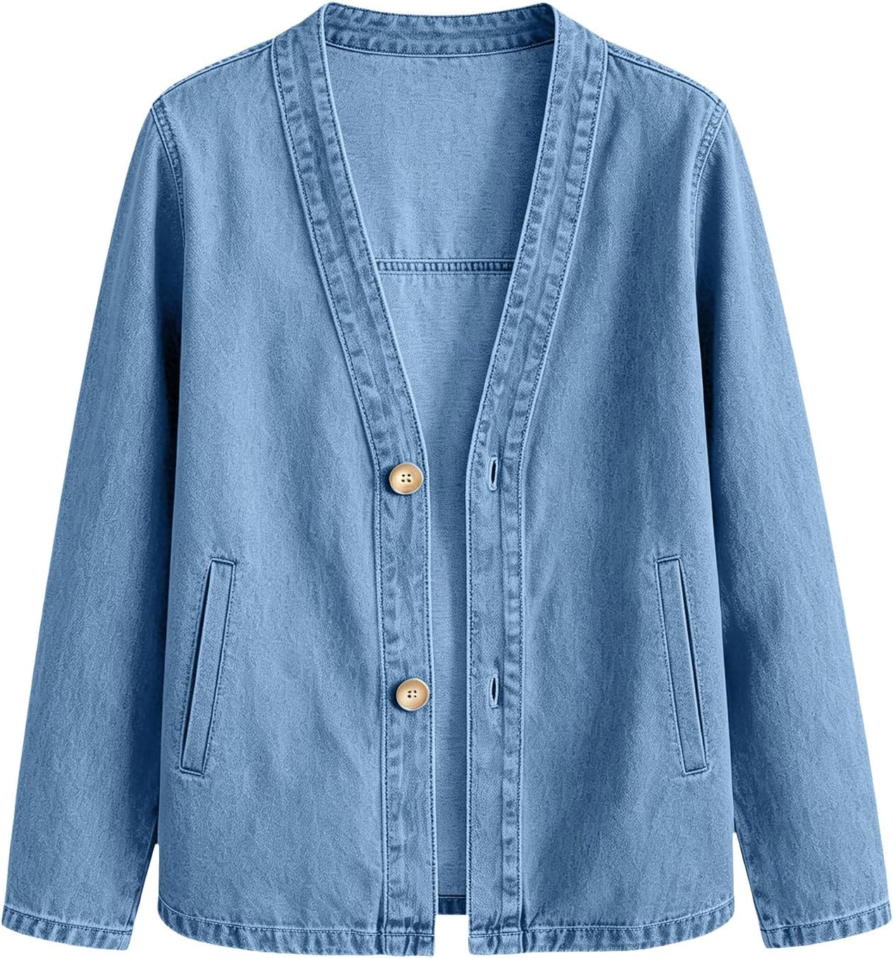 Denim Cardigan Jacket for Women Classic 3-Quarter Sleeve Jeans Oversized Wash V Neck Open Front Coat