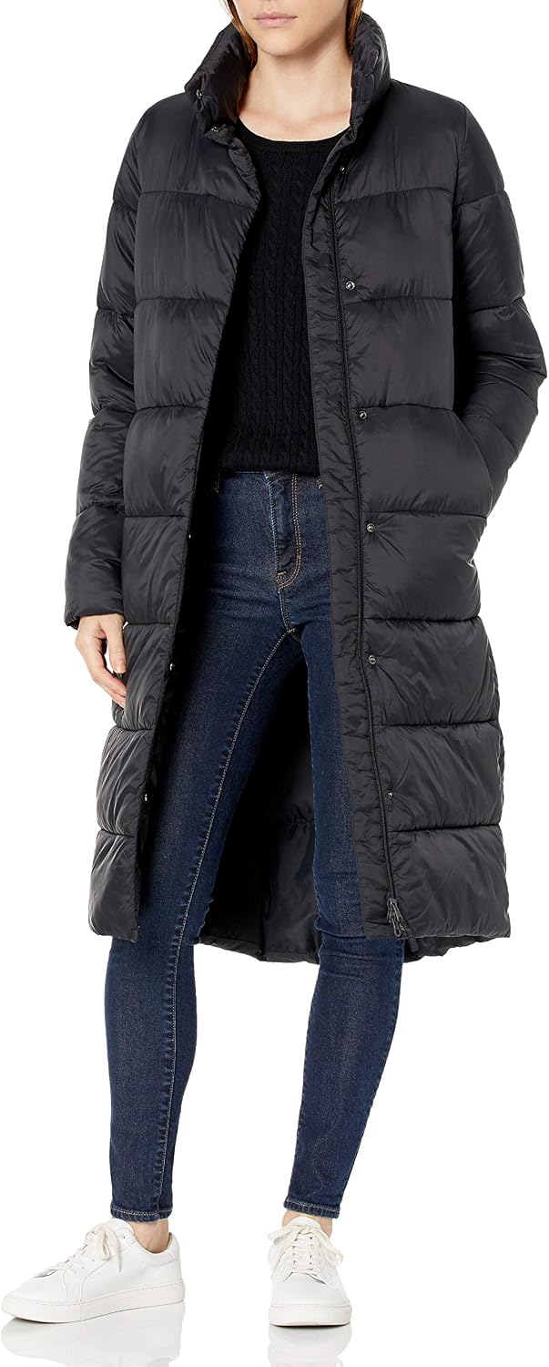 Women's Long Quilted Puffer Coat Snap Front Black