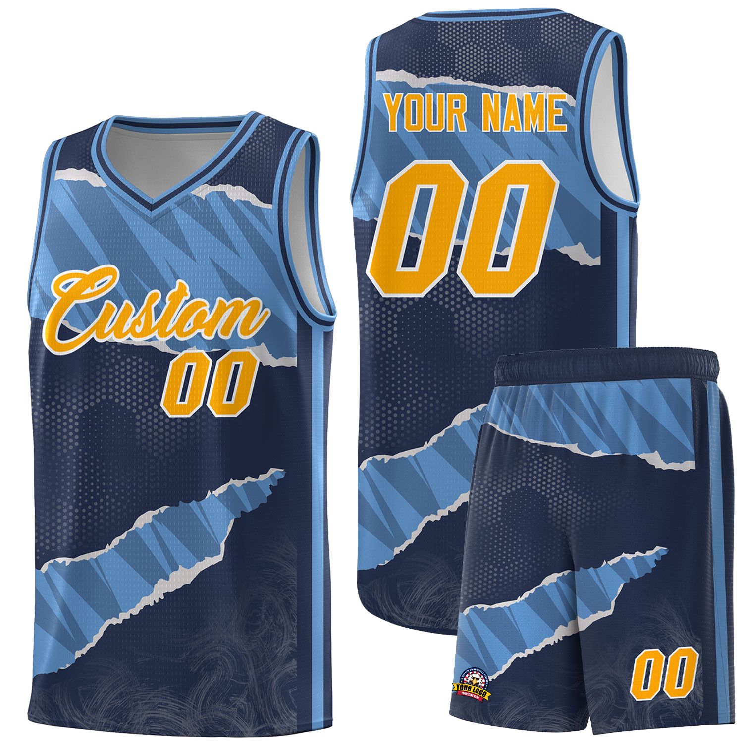 Benutzerdefiniertes Mitternachtsblau Hellblau-Marineblaues Träne-Graffiti-Muster-Sportuniform-Basketballtrikot