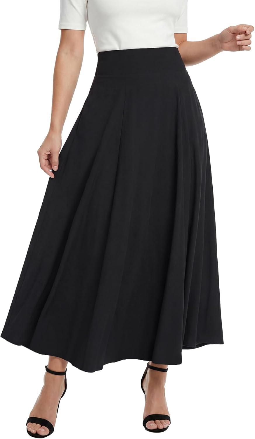Women's High Waist Maxi Skirts Pleated A Line Flared Flowy Elastic Long Skirt with Pockets