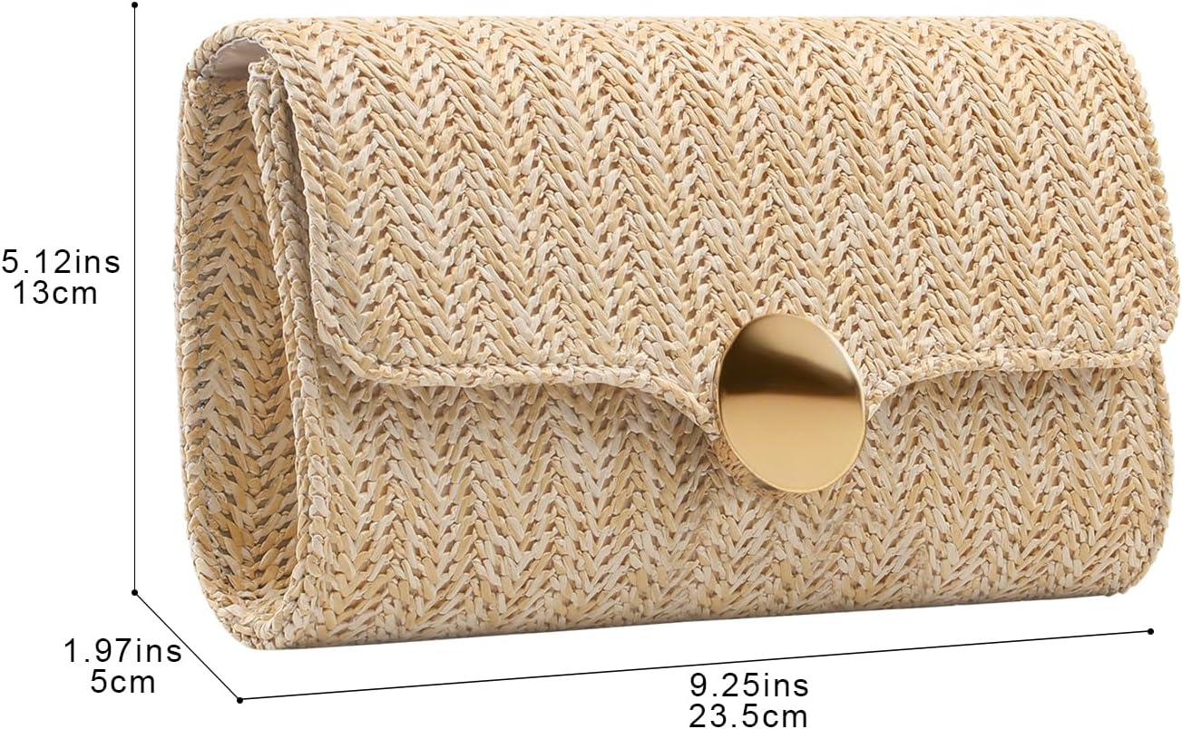 Women's Woven Straw Clutch Purse with Gold Chain Strap
