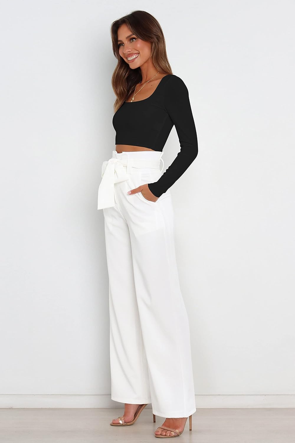 Womens Flowy Wide Leg Dress Pants High Waist Belted Business Casual Palazzo Work