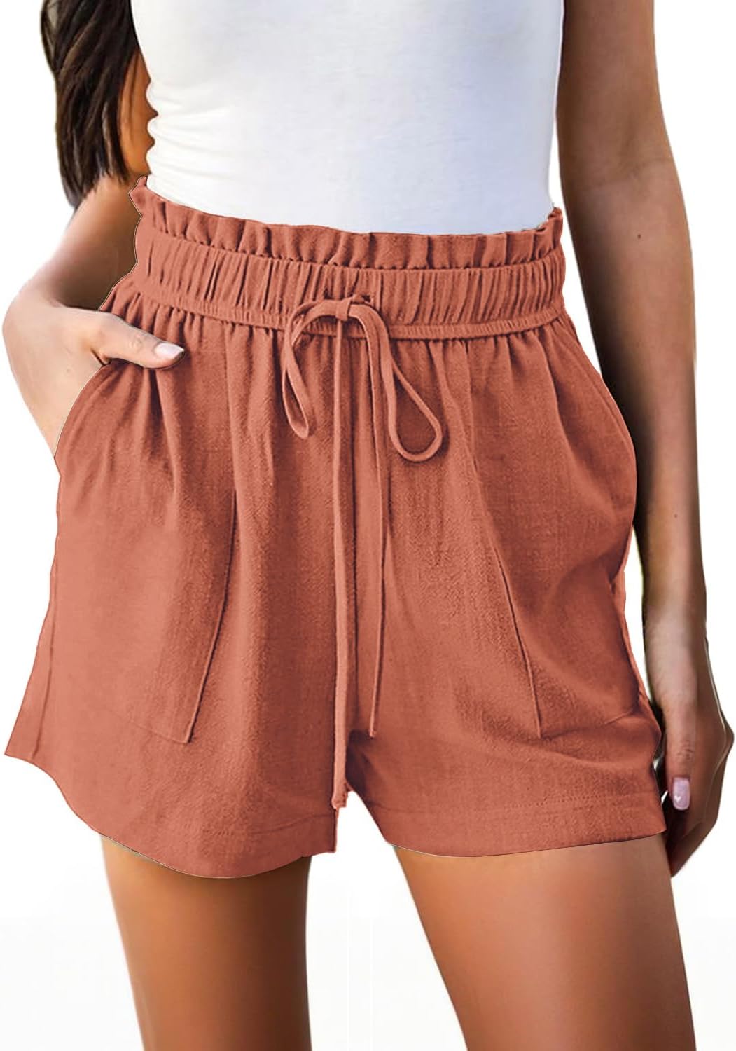 High Waisted Linen Shorts for Women Pockets Beach Vacation Resort Wear Casual Summer Lounge