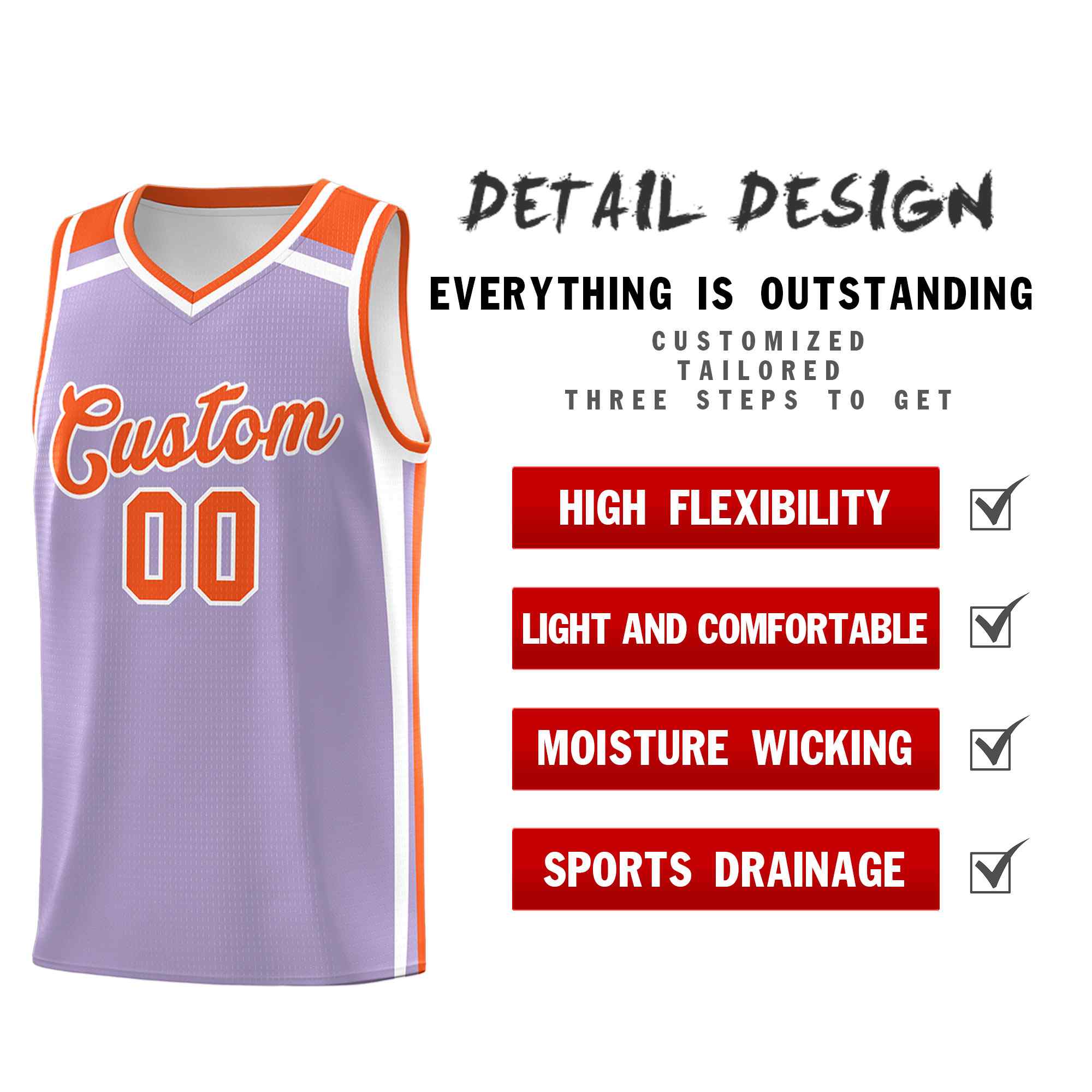 Benutzerdefiniertes Basketball-Trikot aus der Charge Series Sports Uniform in hellem Lila, Orange und Weiß in trendiger Farbe