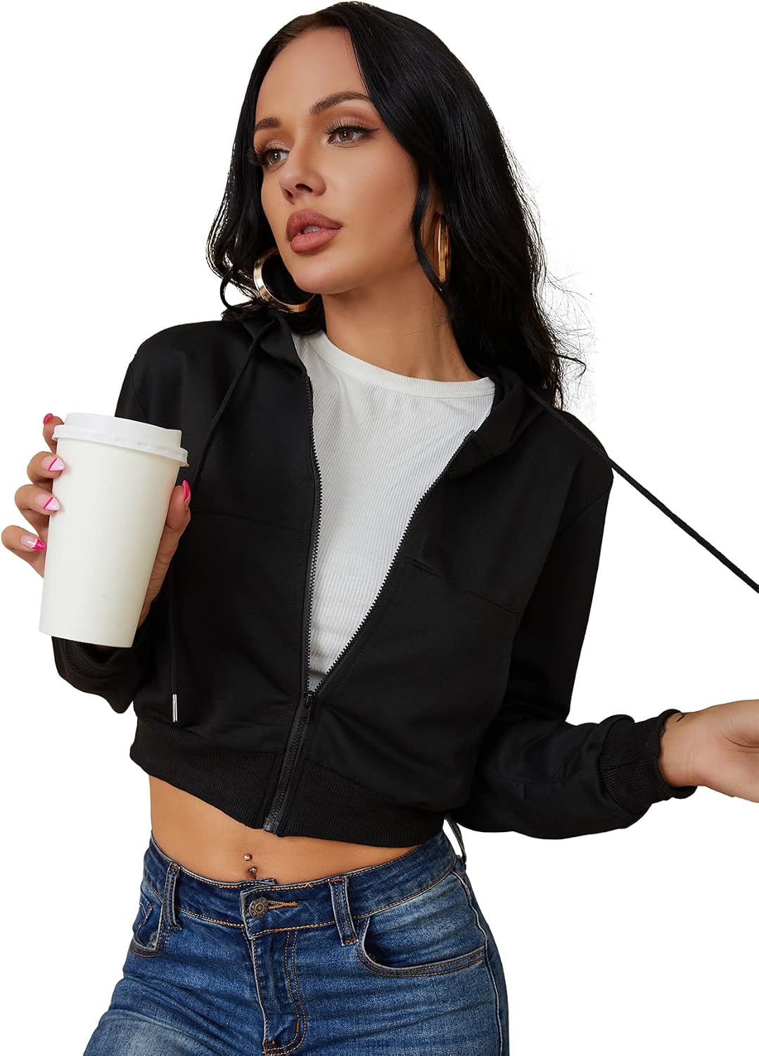 Women's Zip Up Hoodies Cropped Cardigan Jacket Drawstring Hooded Sweatshirts Casual Long Sleeve Top\u2026