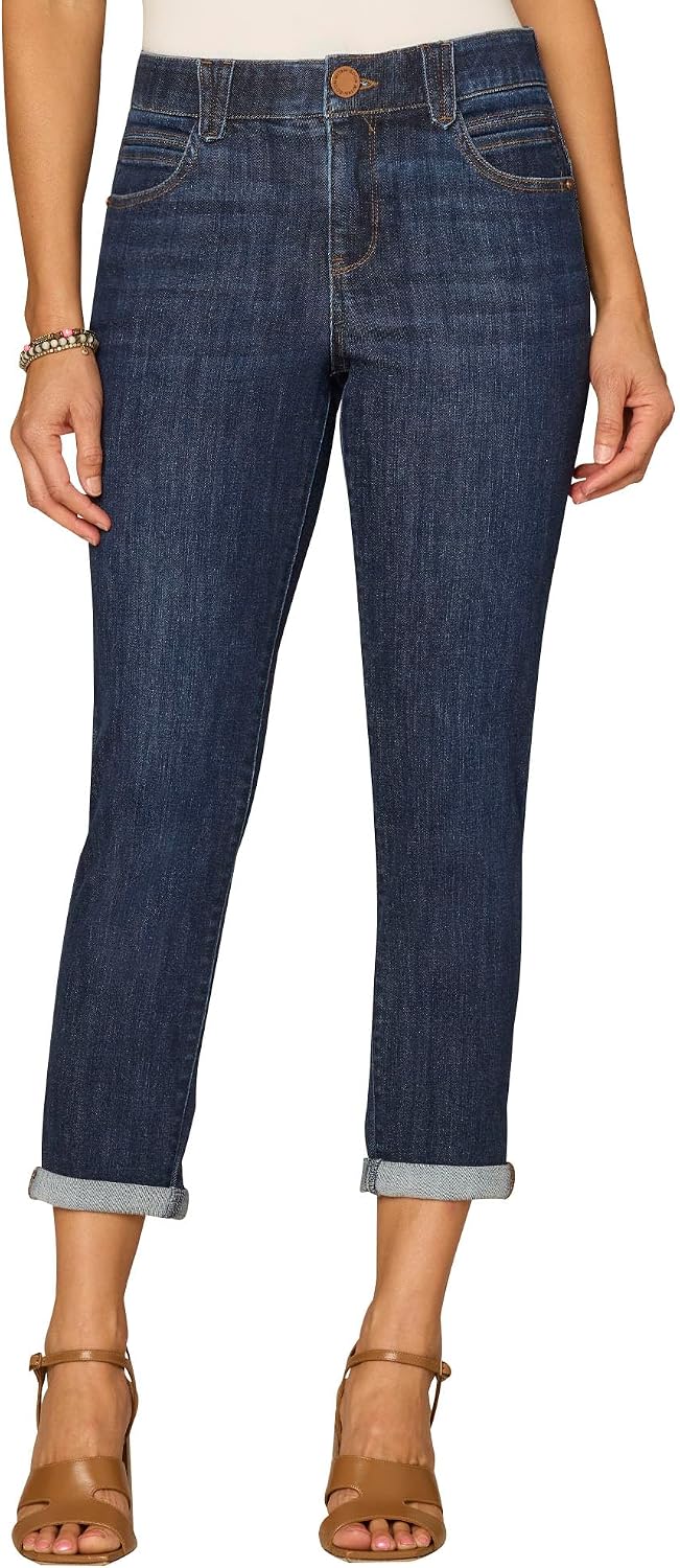 Women's Cuffed Cropped Straight Jeans Mid Rise Dark Wash