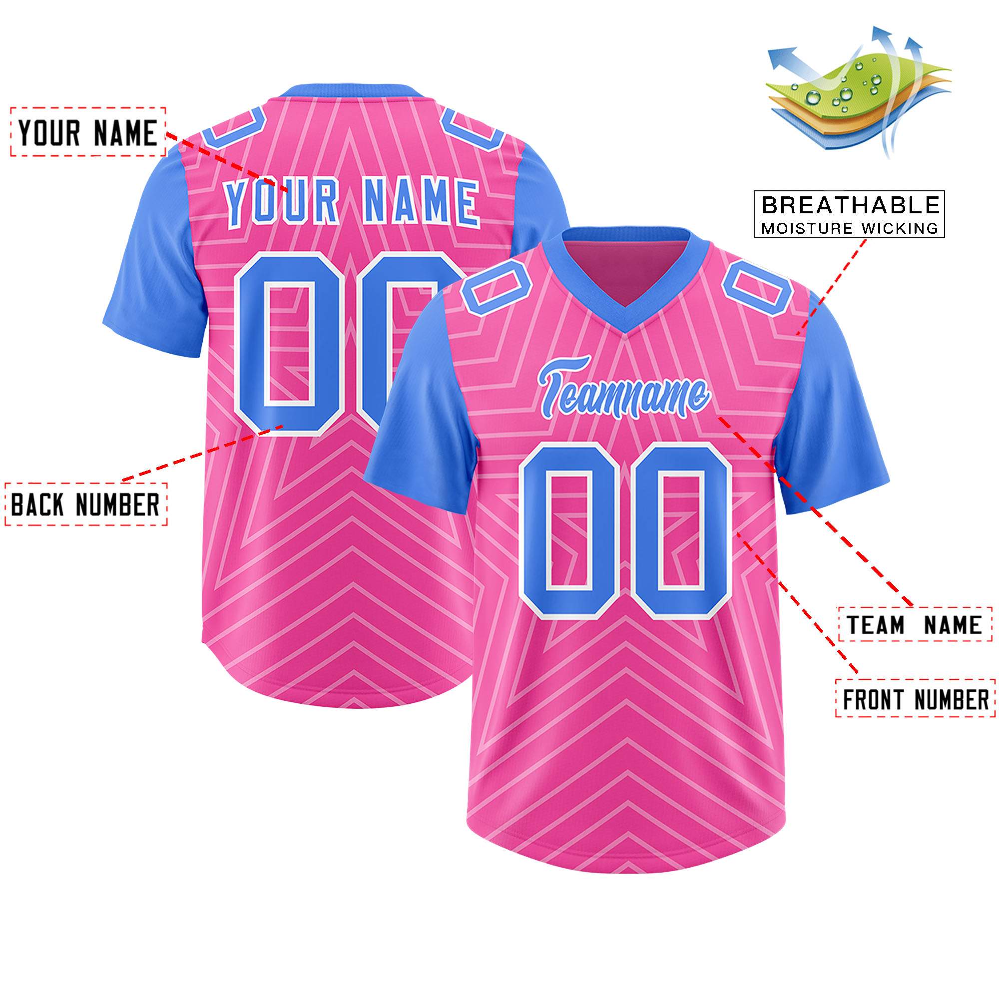 Individuell personalisiertes, authentisches Fußballtrikot mit Raglanärmeln und Sternenmuster