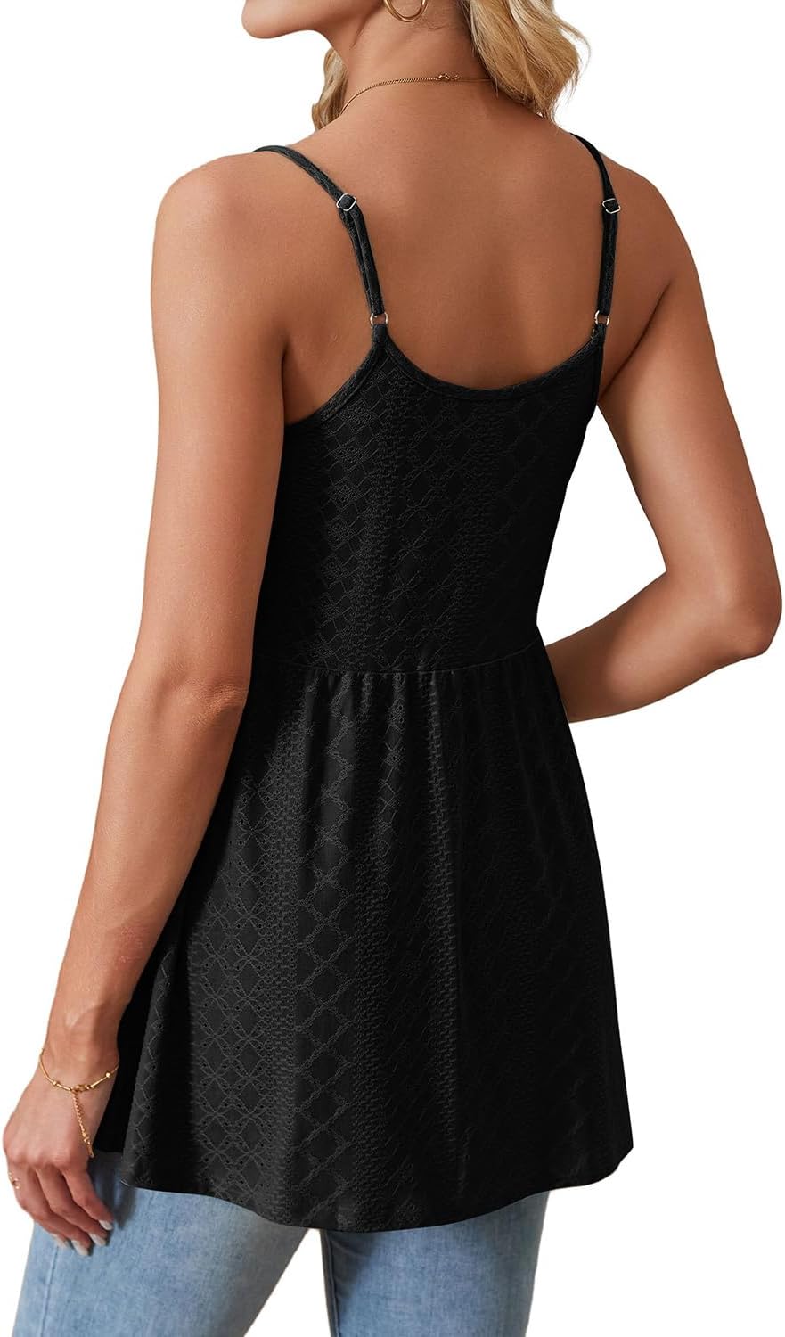 Women's Eyelet Spaghetti Strap Flowy Cami Black
