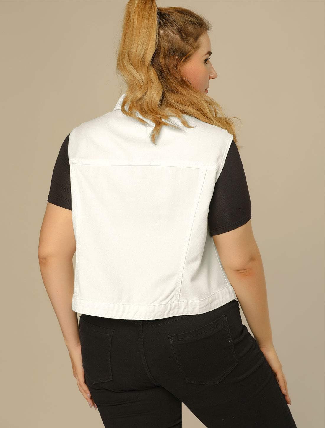 Women's White Denim Vest Button Down Chest Flap Pockets