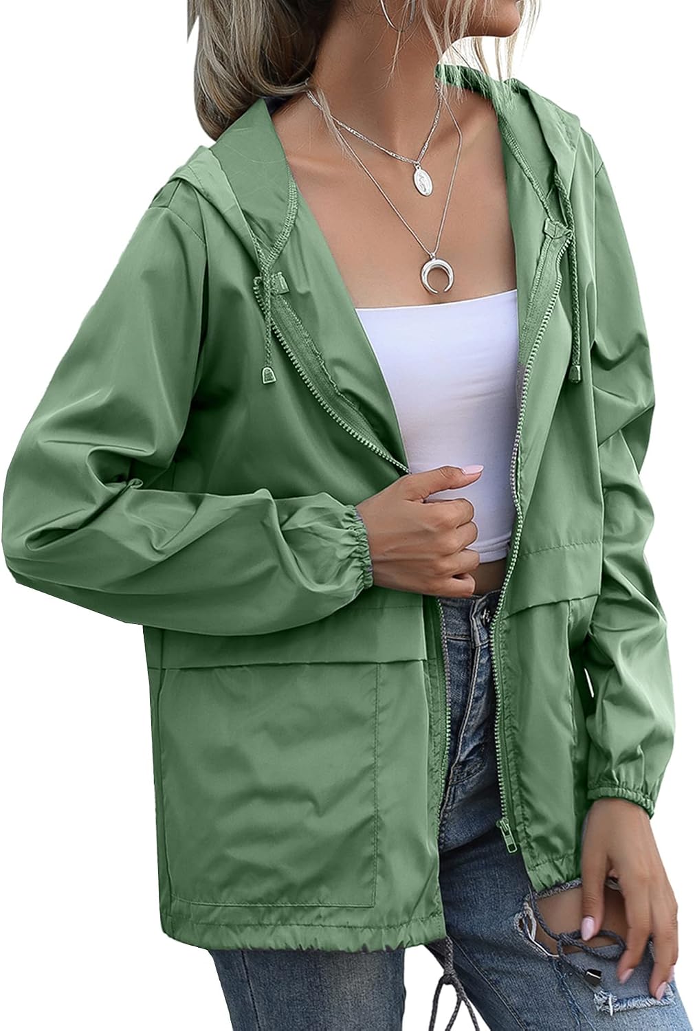 Women's Hooded Rain Jacket Waterproof Lightweight Sage Green