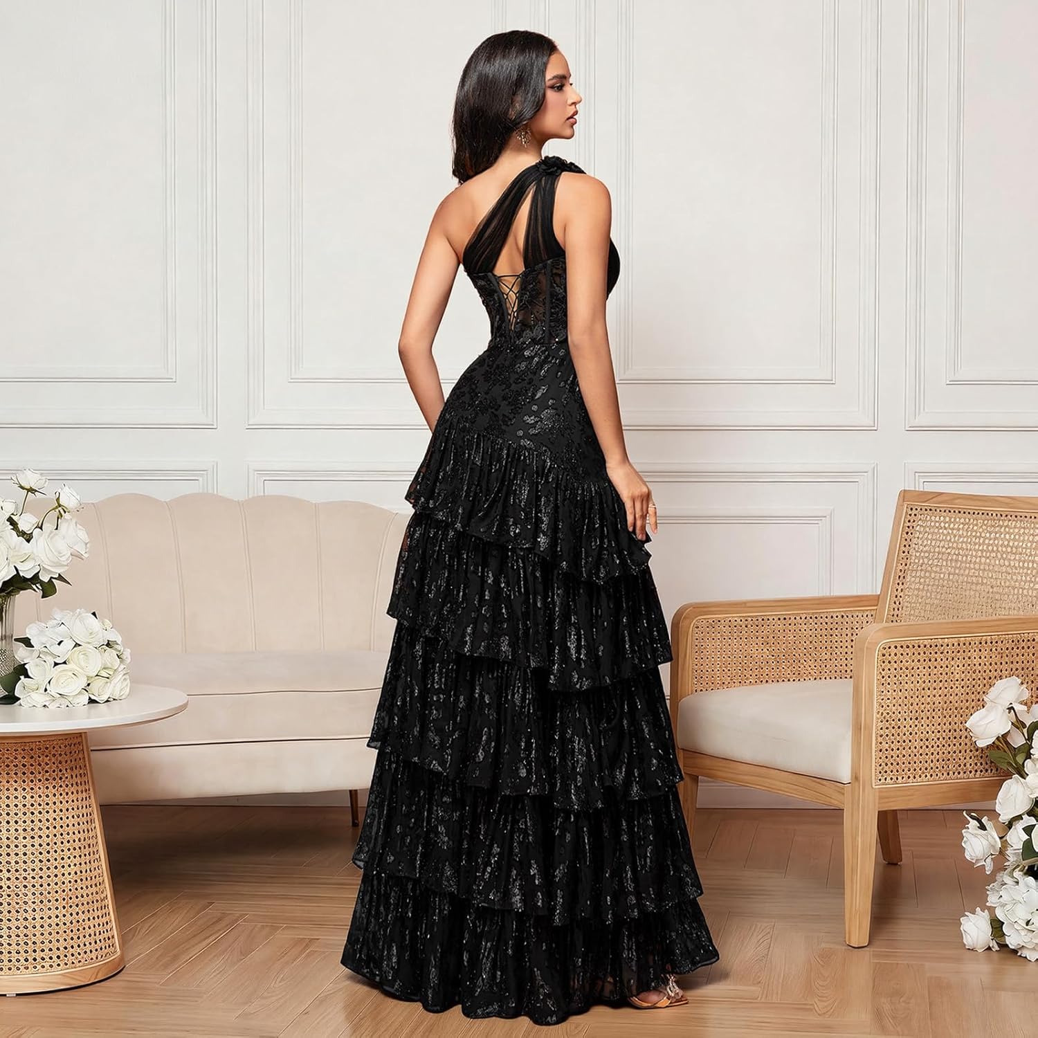 One-Shoulder Wedding Guest Dress with High Slit Semi-Sheer Embroidery Tiered Ball Gown for Party Cocktail