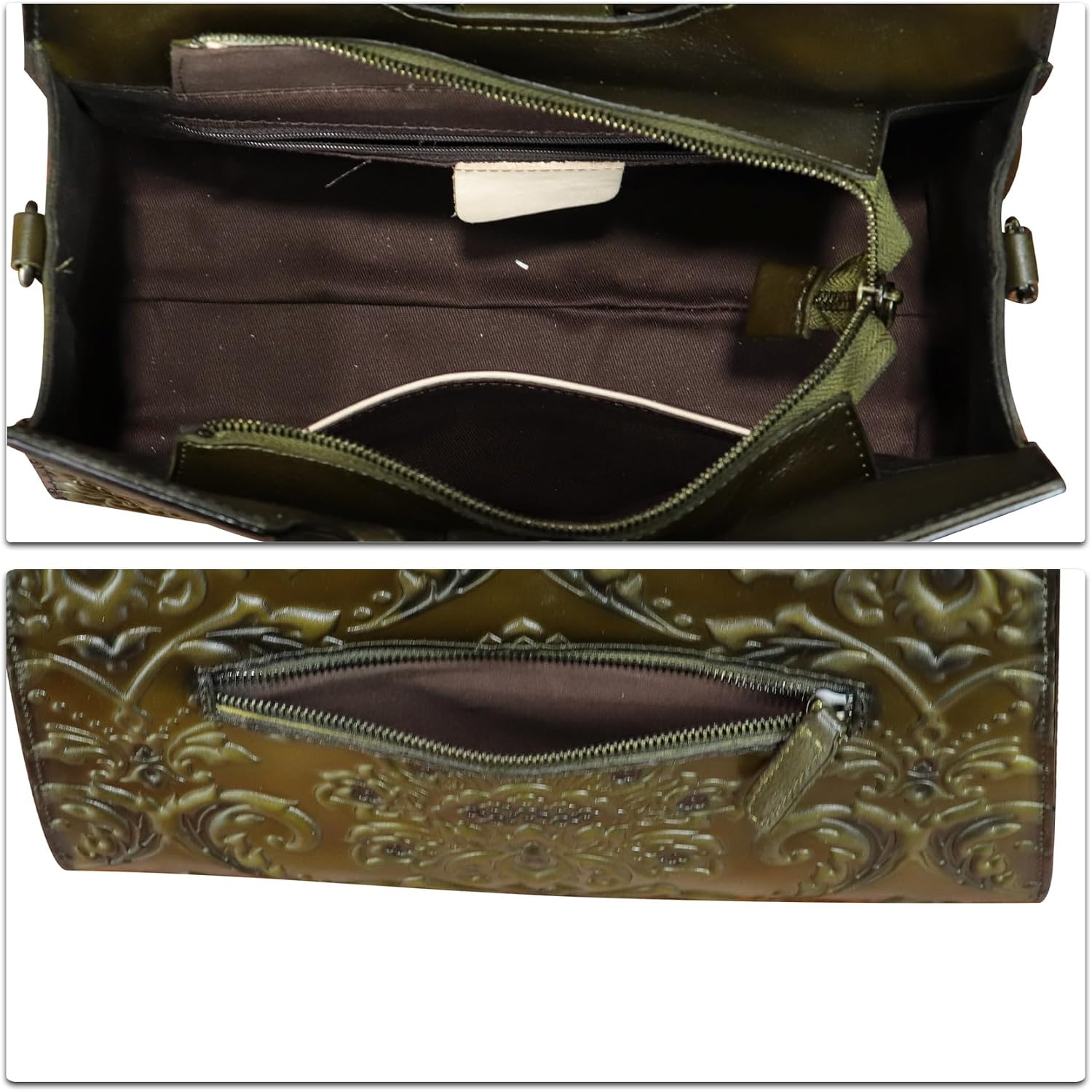 Women's Embossed Floral Leather Top Handle Satchel Olive Women's Embossed Floral Leather Top Handle Satchel Olive