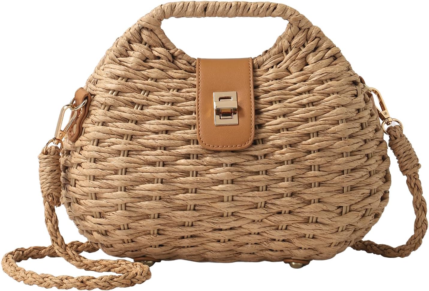 Women's Straw Woven Crossbody Bag with Turn Lock Closure
