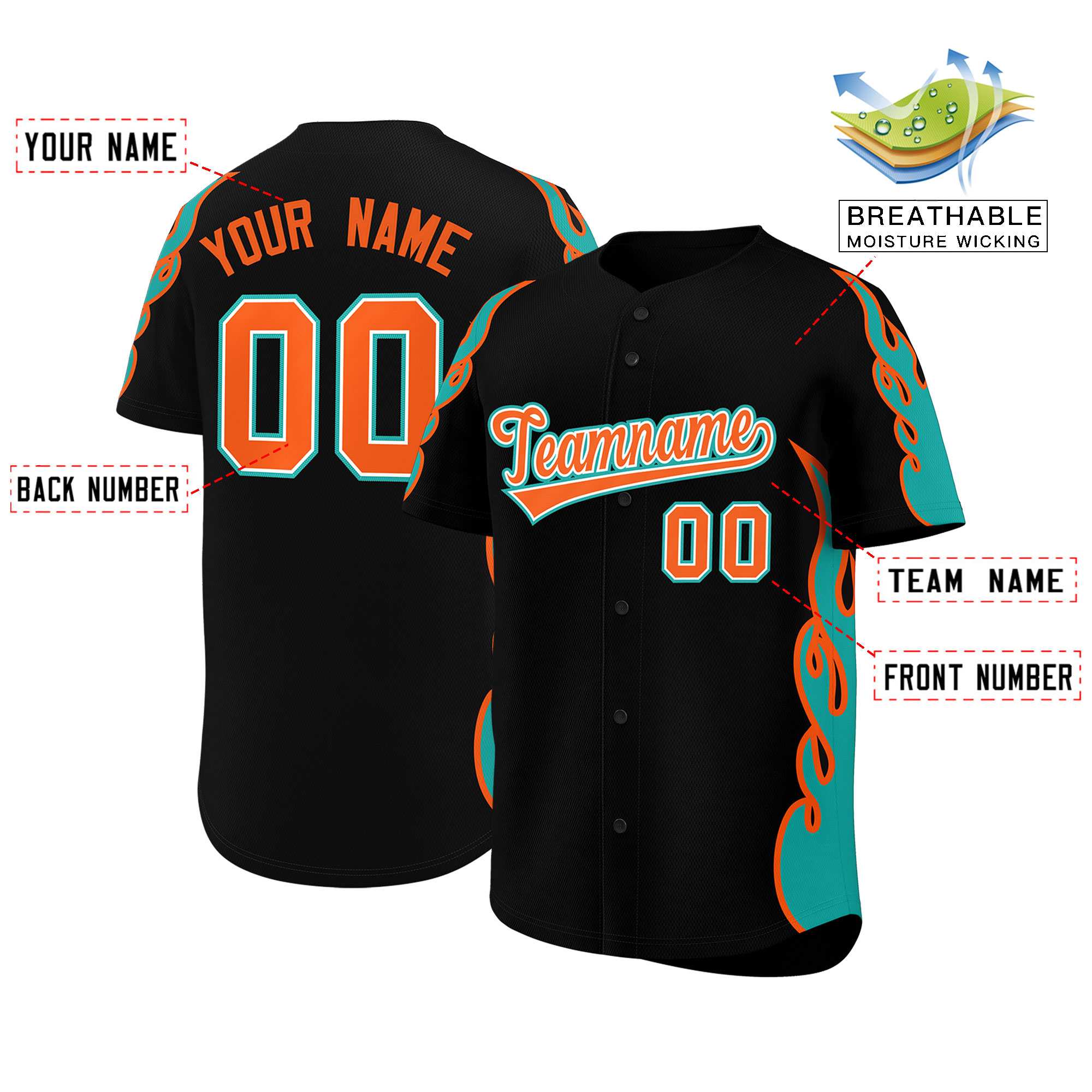 Benutzerdefiniertes Baseball-Trikot mit Seitenflammen-Umrissmuster für Sportuniformen