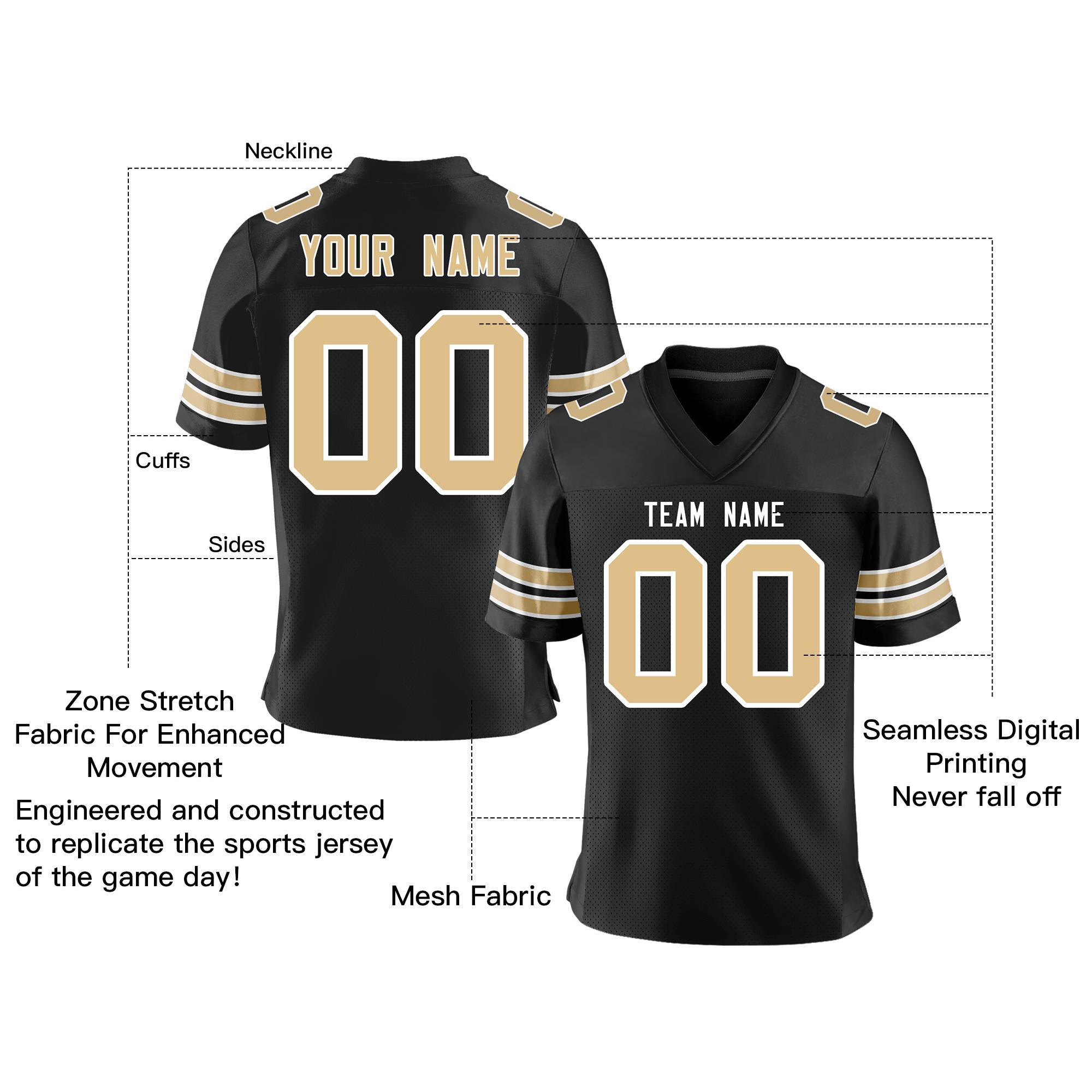 Benutzerdefiniertes, personalisiertes, klassisches, authentisches Mesh-Fußballtrikot in Schwarz, Altgold und Weiß