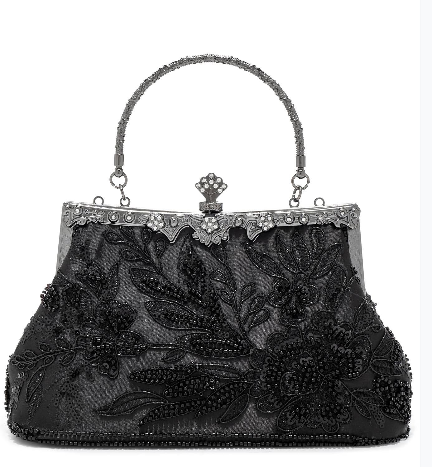 Women's Black Beaded Floral Clutch with Handle and Chain